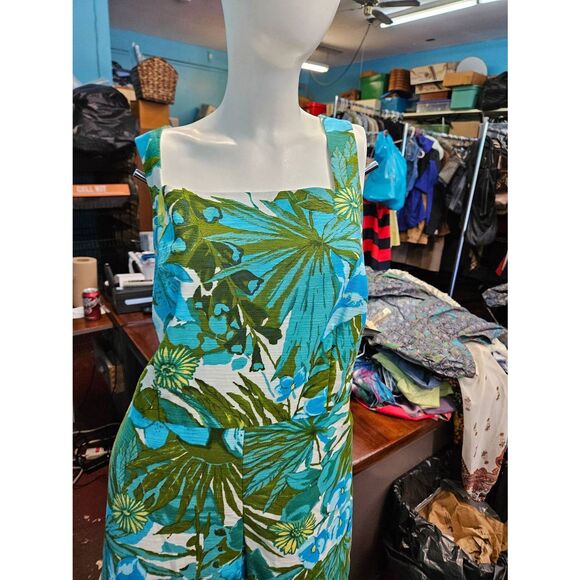 Talbots Dress SZ14W Blue Green Floral Pleat Front - Picture 6 of 8